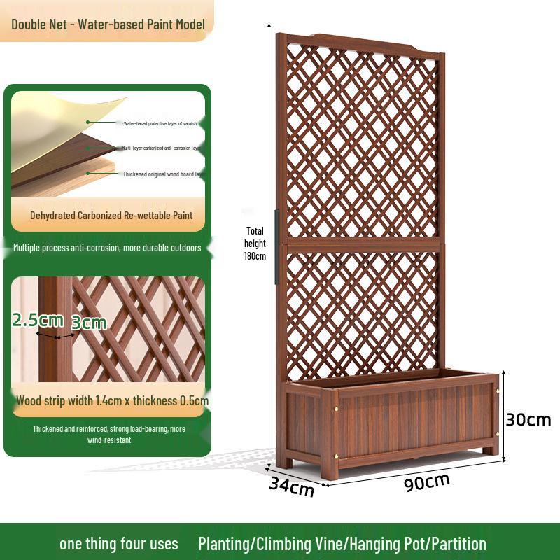 Carbonized Wooden Planter with Trellis: Outdoor Anticorrosive Flower Pot and Climbing Rack for Balcony or Garden.