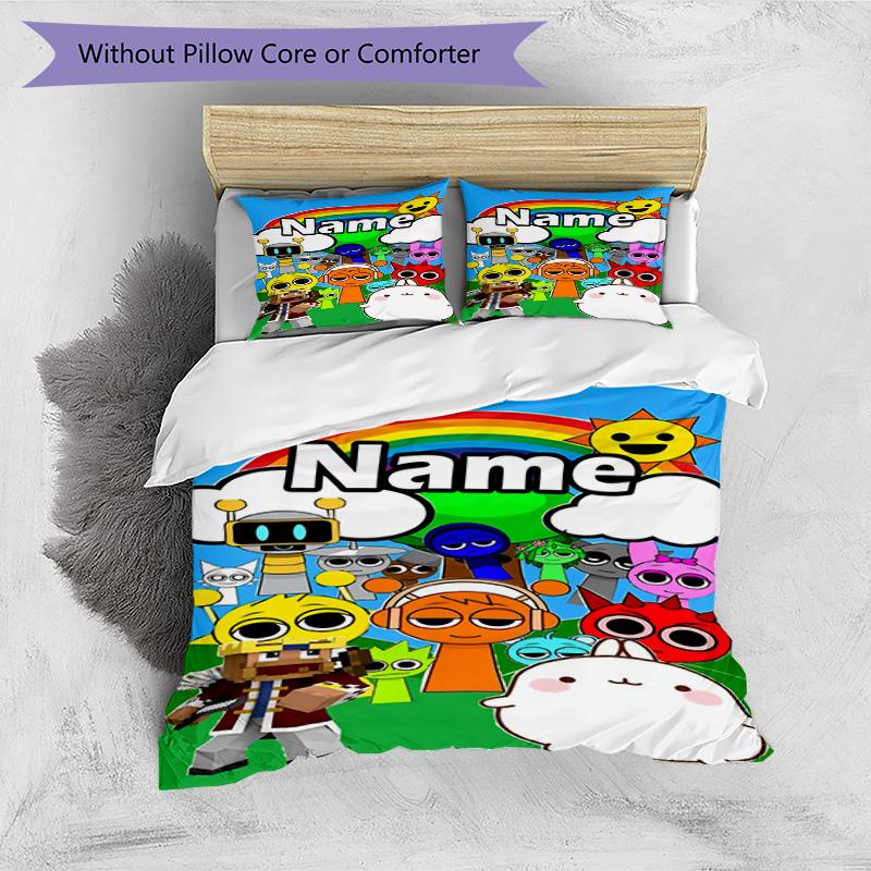 3pcs Duvet Cover Set (1*Duvet Cover + 2*Pillowcase, Without Core), Custom Name Sprunki Game Pattern Bedding Set, Home Bedroom Decor Gift