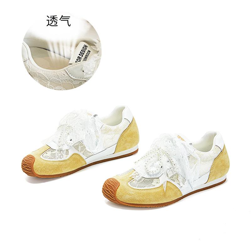 Leather Lace German Training Shoes Women's 2025 Spring New Models with Skirts Mesh Breathable Pearl Versatile Forrest Gump Shoes