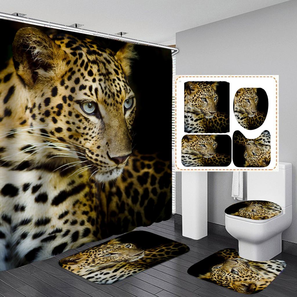4Pcs Leopard Series Shower Curtain Sets for Bathroom Non-Slip Bathroom Rugs Lid Toilet Cover Bath Mat