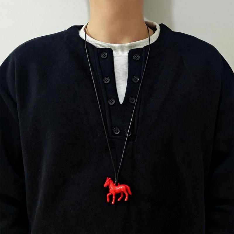 Versatile Long Pendant Necklace Featuring Horse Design In Vibrant Acrylic On Soft Leather Rope for Various Outfits