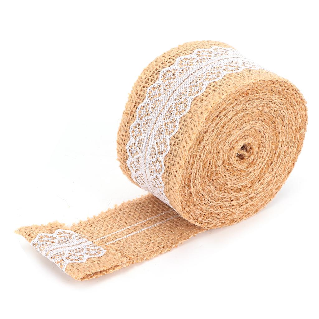Jutaband med vit spets Naturlig juterulle för DIY-dekoration Presentförpackning 5 Yards5cm
