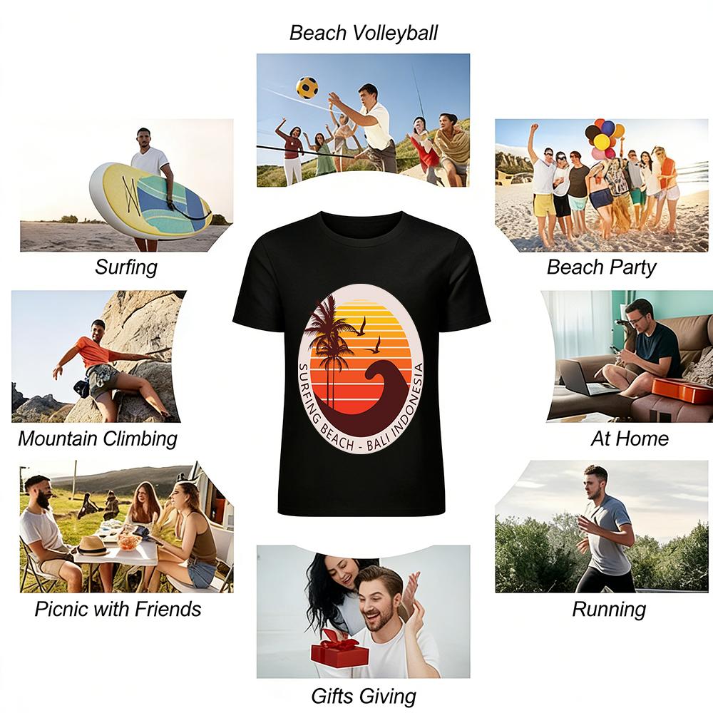 Surfing Beach Bali Indonesia Coconut Tree Sunset Print Casual T-shirt Pure Cotton T-shirt
