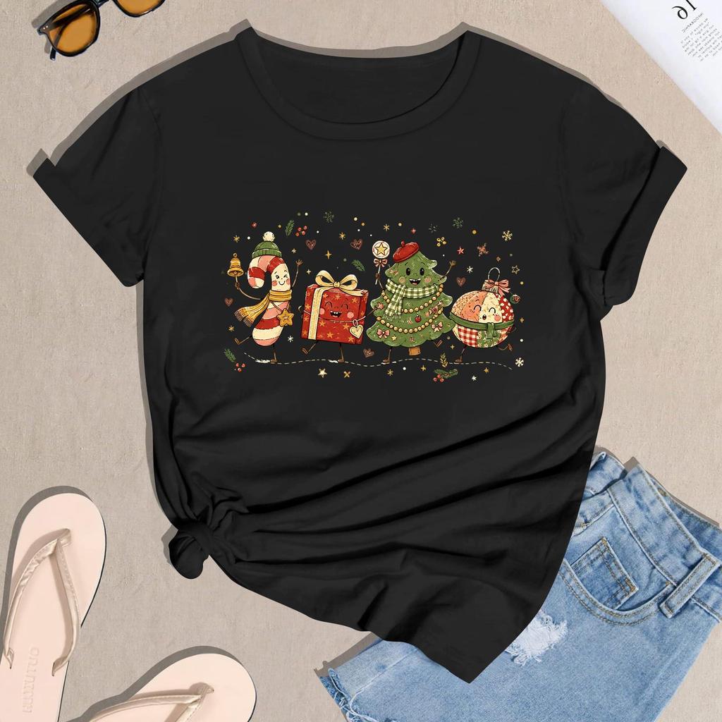 Women's Casual Christmas Printed Short Sleeve T-Shirt with Festive Holiday Design