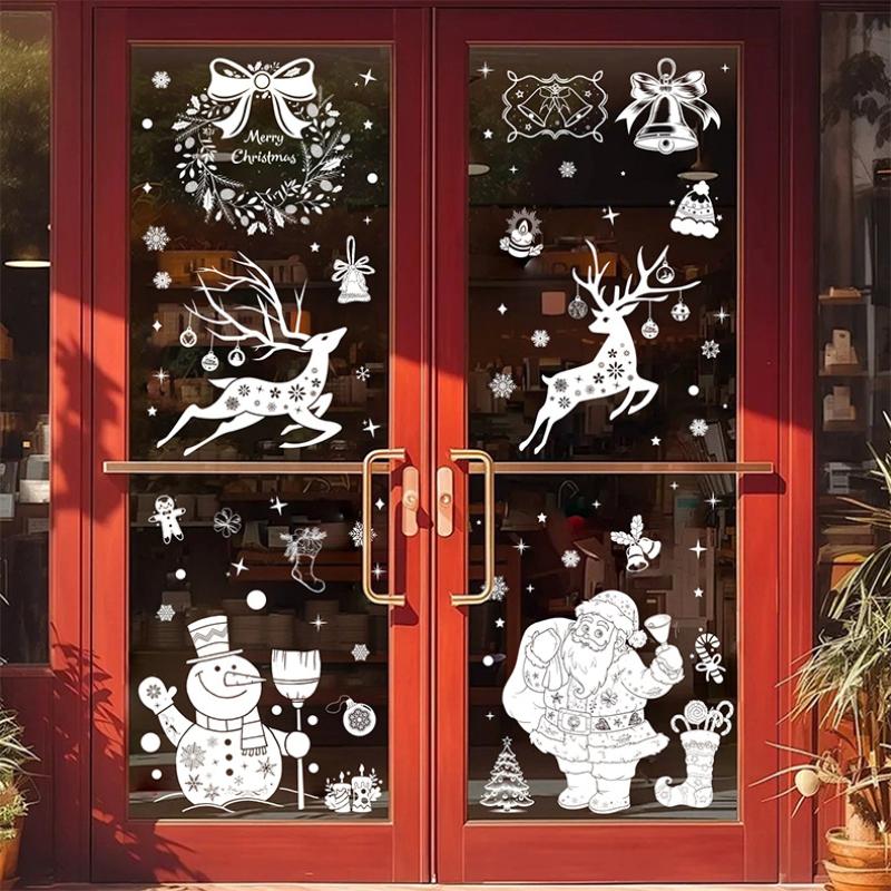 5pcs Christmas Static Cling Window Stickers, White PVC 20cm x 30cm Sheets with Santa Reindeer Snowman & Snowflakes