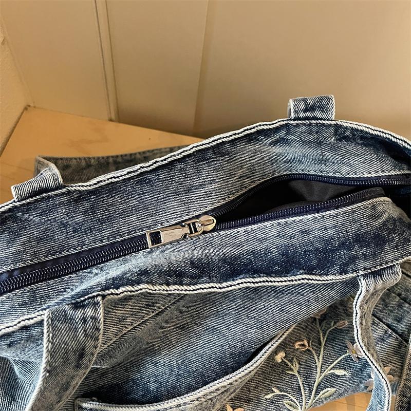Vintage Haftowana Jeansowa Torba Tote dla Kobiet Duża Pojemność Casualowa Torba na Ramię