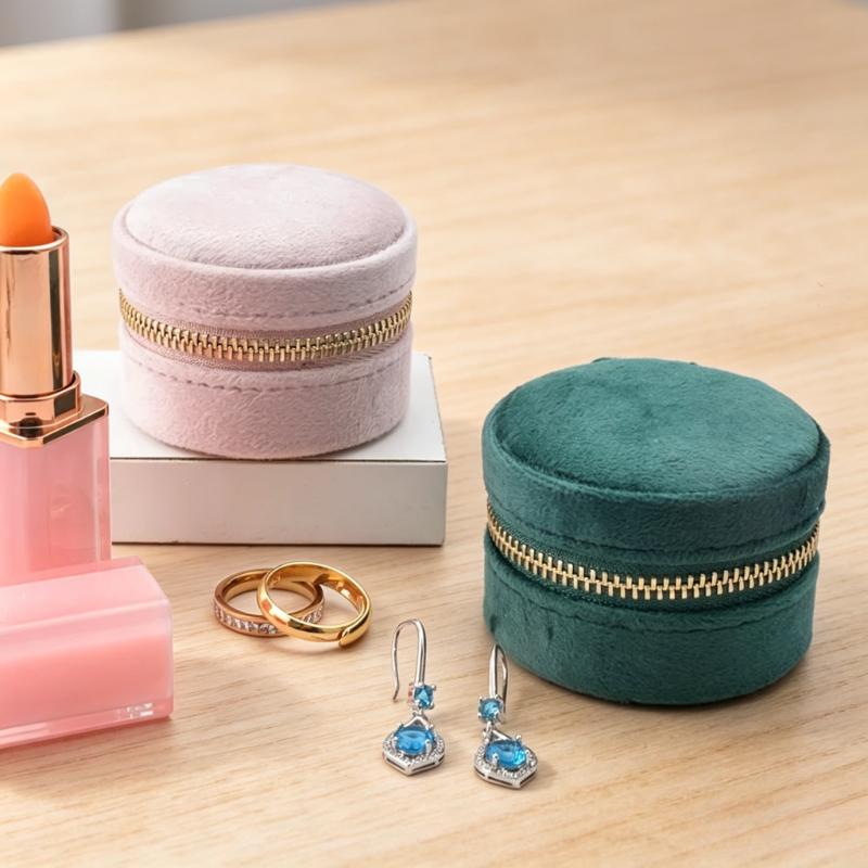 Mini Round Velvet Jewelry Box Portable Travel Organizer Case with Mirror and Zipper Rings Earrings Necklaces Small Accessories