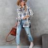 Women Winter Warm Long Sleeve Lapel Two Pocket Plaid Woolen Coat Outerwear