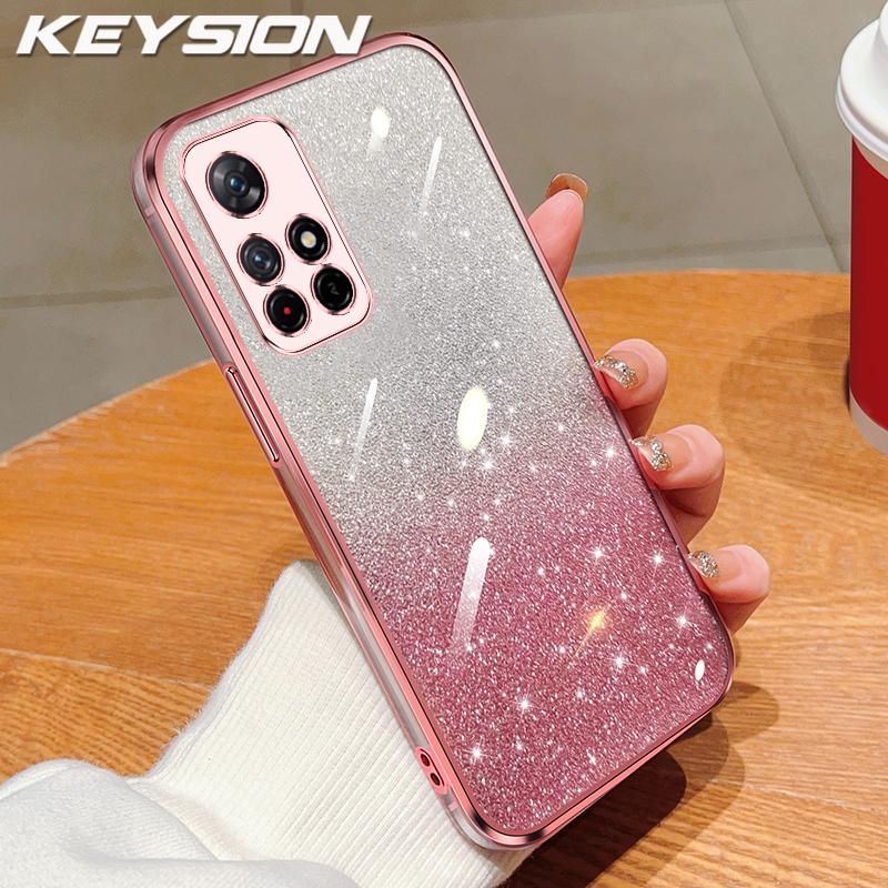 KEYSION Luxury Plating Glitter Phone Case for Xiaomi POCO M4 Pro 4G 5G Transparent Soft TPU Shockproof Back Cover for POCO M4 Pro 5G