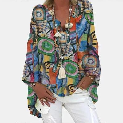 Dámska módna voľná blúzka Boho Print s dlhým rukávom a výstrihom do V. Voľná ​​košeľa