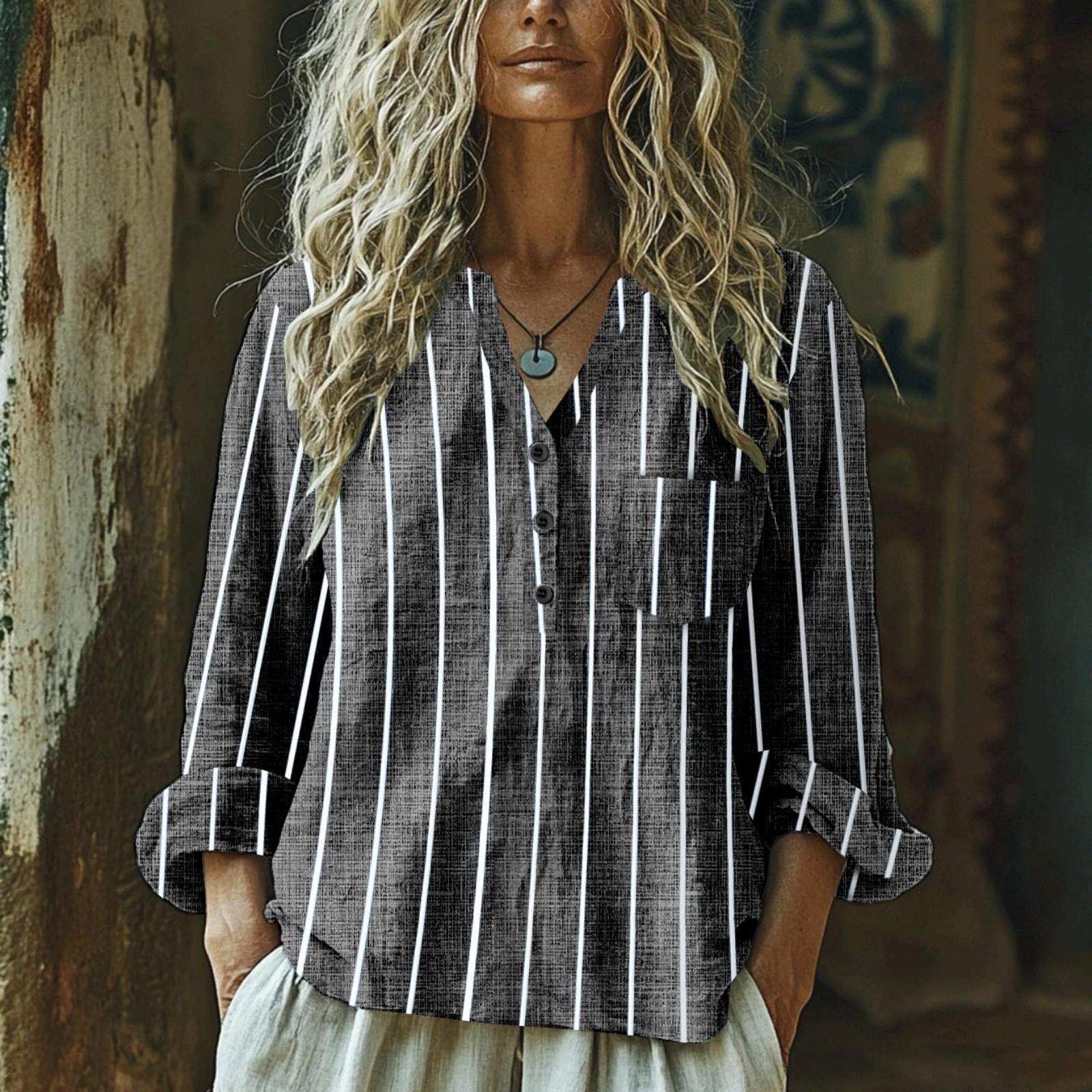 

Женская модная и повседневная однотонная хлопково-льняная блузка с V-образным вырезом и длинными рукавами на пуговицах M