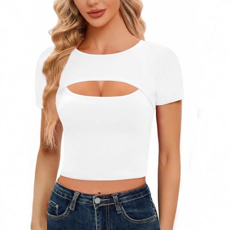 2026 Women's European & American Casual Round Neck Solid Color Cropped Short Sleeve T-shirt