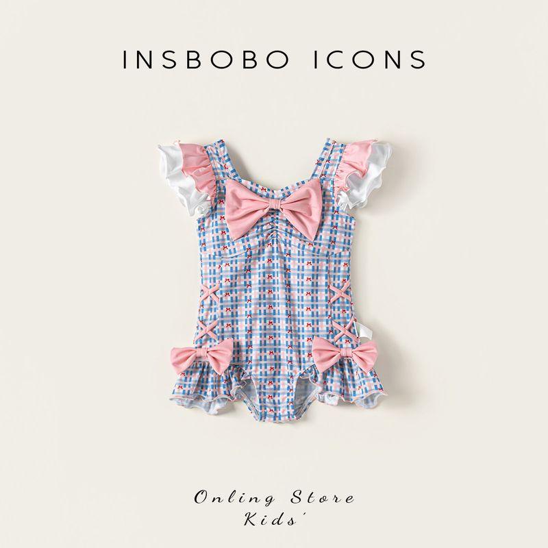 Insbobo Baby Girl Swimsuit Baby Swimwear 2025 New Arrival Summer Girl Swimsuit Western Style Children s Summer Clothing Thin Powder Blue Plaid 80