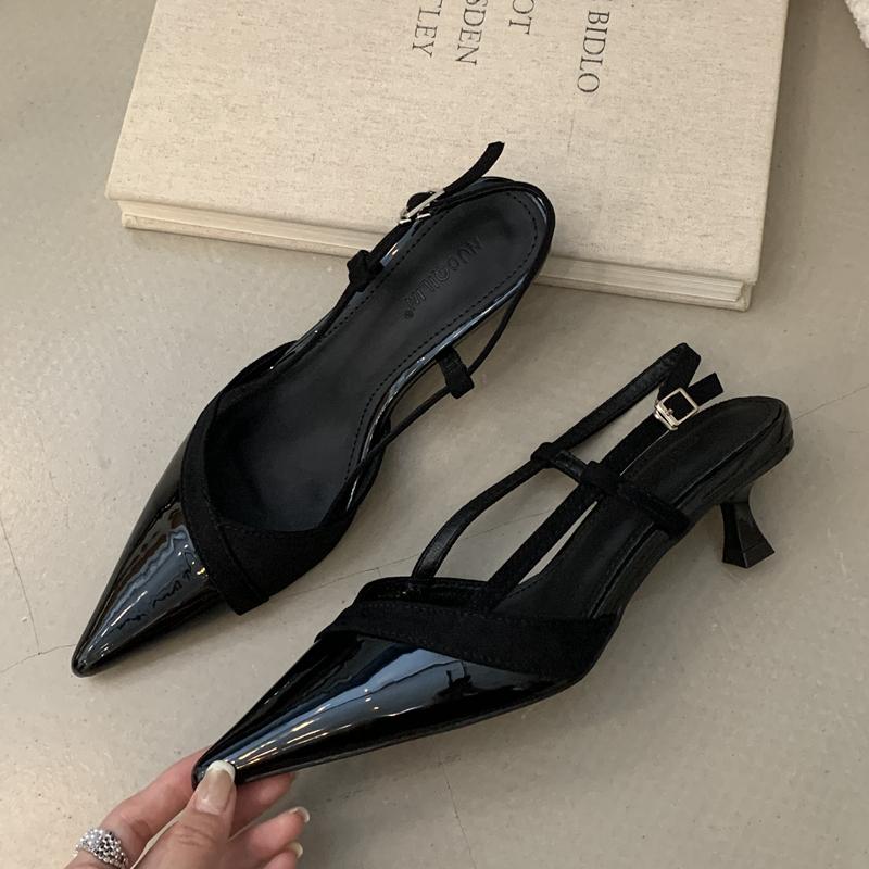 Fashion SUOJIALUN 2024 Spring New Women Sandal Fashion Pointed Toe Shallow Slip On Dress Mules Shoes Thin Low Heel Slingback Sandal