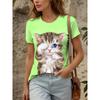 Womens Loose Fit Short Sleeve T-Shirt With 3D Digital Color Block Print Round Neck Casual Top