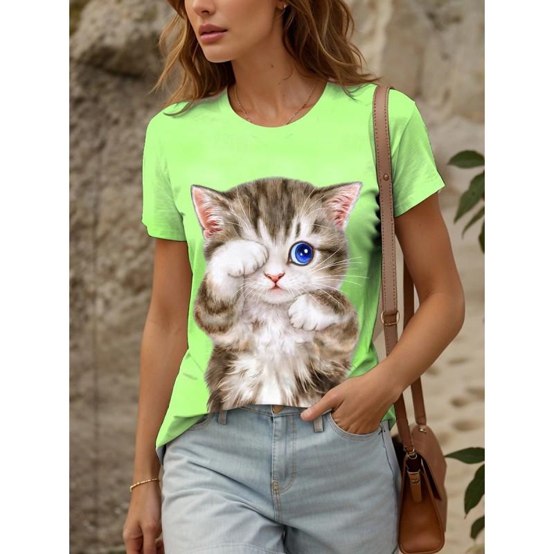 Womens Loose Fit Short Sleeve T-Shirt With 3D Digital Color Block Print Round Neck Casual Top
