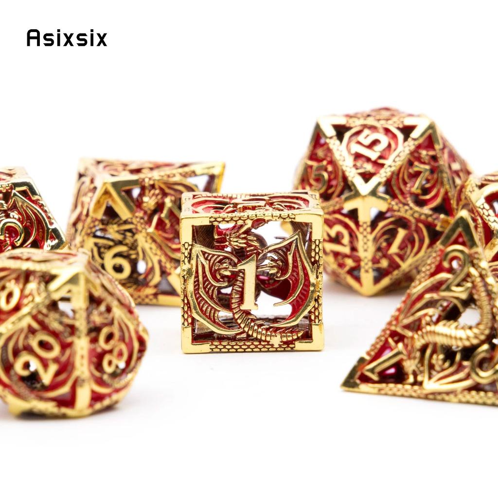 7 Pcs Golden Red Dragon Metal Dice Hollow Metal Polyhedral Dice Set Suitable for Role-Playing RPG  Board Game Card Game