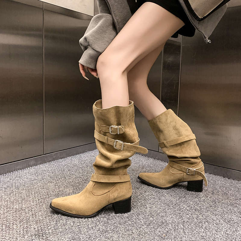 But knee boots women's spring and autumn khaki suede pointed boots children thick heel thin pleated piled boots