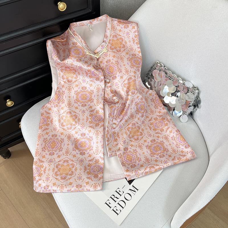 Vest women's early spring satin jacquard embroidered vest vest with outer buckle vest