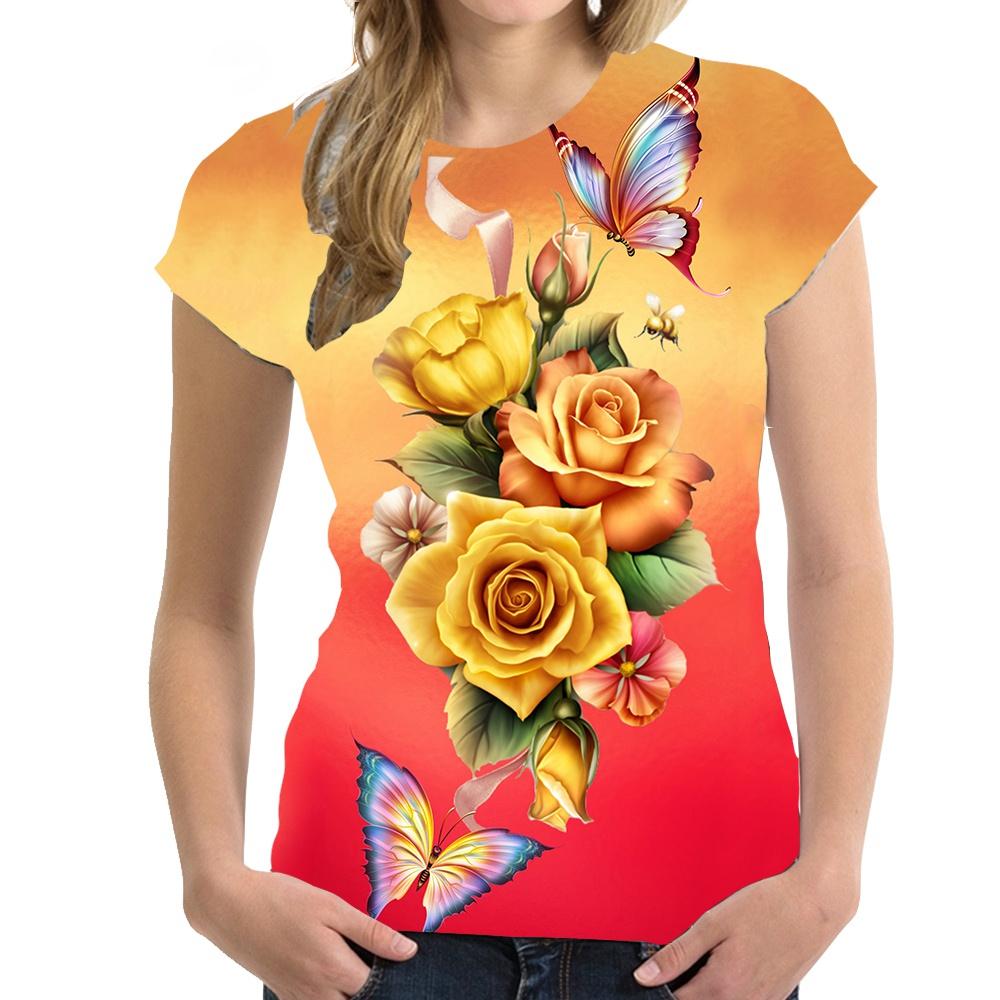 Women's 3D Floral Printed T-shirt, Hip-hop Casual Wear, Harajuku Holiday Short Sleeved T-shirt, Y2K Large T-shirt