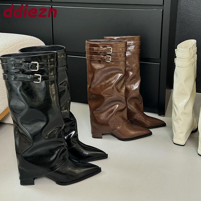 Fashion Fashion Buckle Women Knee High Boots With Heels Footwear Female Pointed Toe Party Modern Ladies Long Boots Shoes Pumps