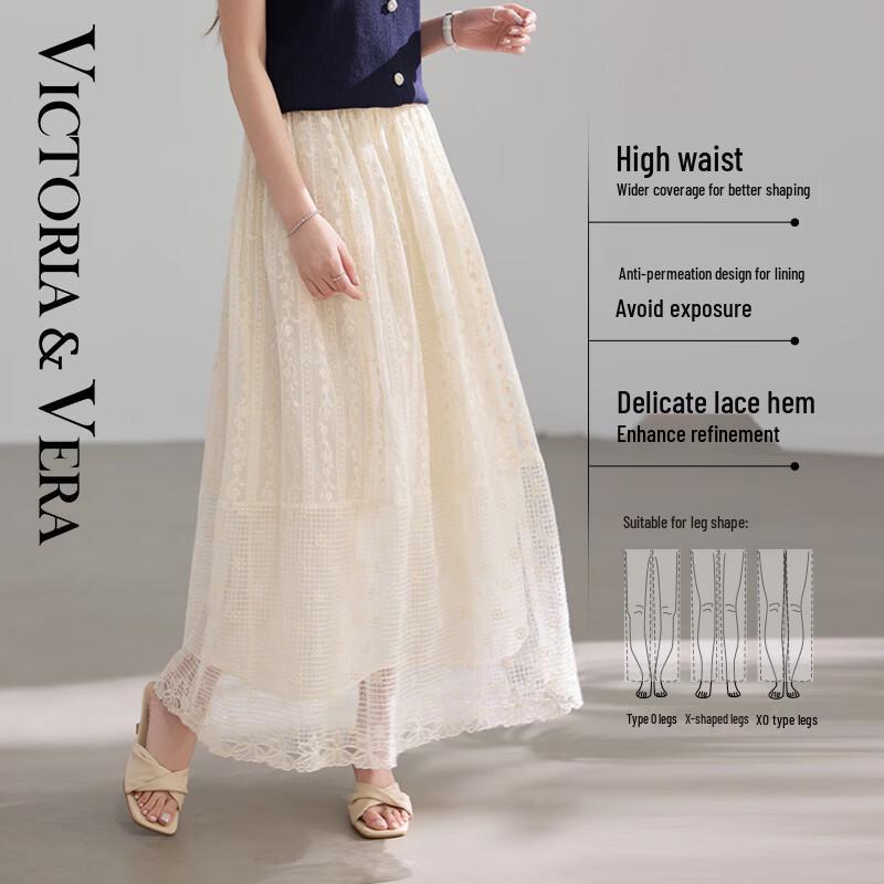 VICTORIA&VERA French Pastoral Embroidered Mesh A-Line Maxi Skirt S