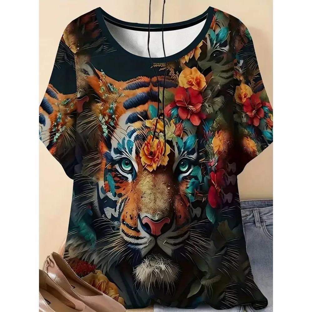 Cute Fun Animal 3D Printed Short Sleeved T-shirt Fashionable Comfortable Soft Breathable Large Loose Summer Womens T-shirt