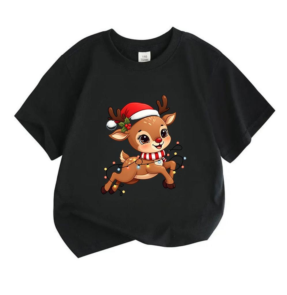 Kids Boys Girls 100% Cotton Crew Neck Short Sleeve T-Shirt, Cute Christmas Reindeer with Santa Hat Fairy Lights Pattern Casual Holiday Tee Tops for Ch