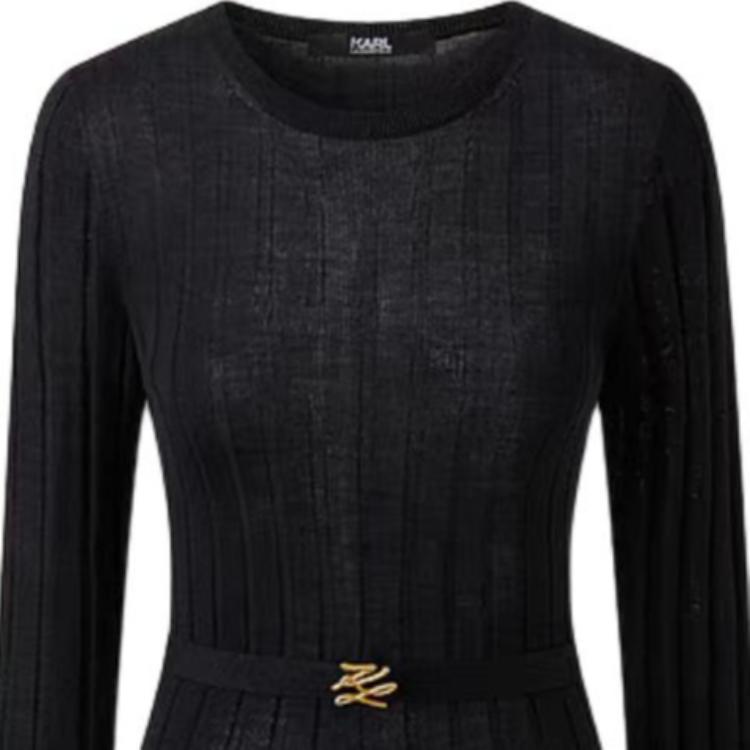 Karl Lagerfeld Outdoor Commuting Party Lightweight Solid Color Belted Round Neck Long Sleeve Sweater Women Sweater Black 241L2012