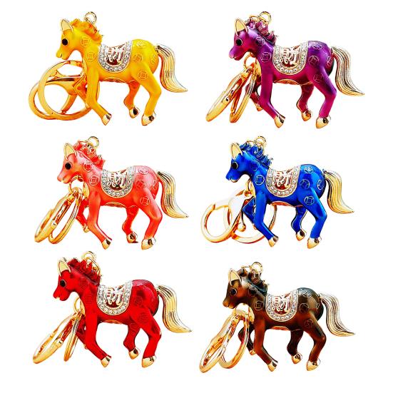Keychain Pendant Double-Sided Rhinestone Chinese Zodiac Fortune-Attracting Horse Key Chain Metal Handbag Charm