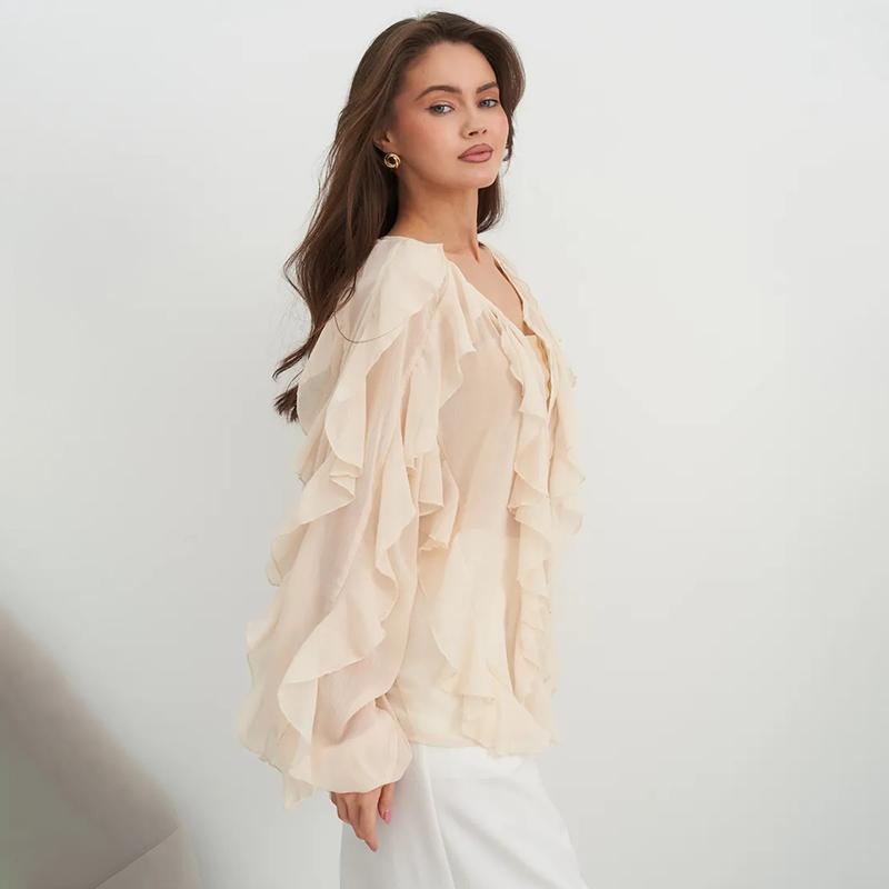 Chiffon Ruffled V-Neck Shirts Top Women Blouse Tee 2026 Summer Sheer Lace-Up High Waist Blouse Elegant Female Shirts Tops