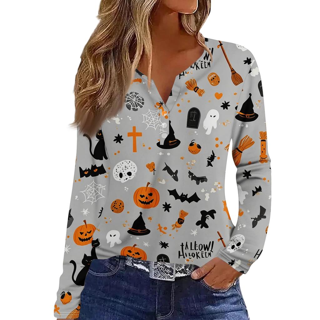 Women's Fashion Casual Halloween Printed V-Neck Button Trim Long Sleeve T-Shirt Top