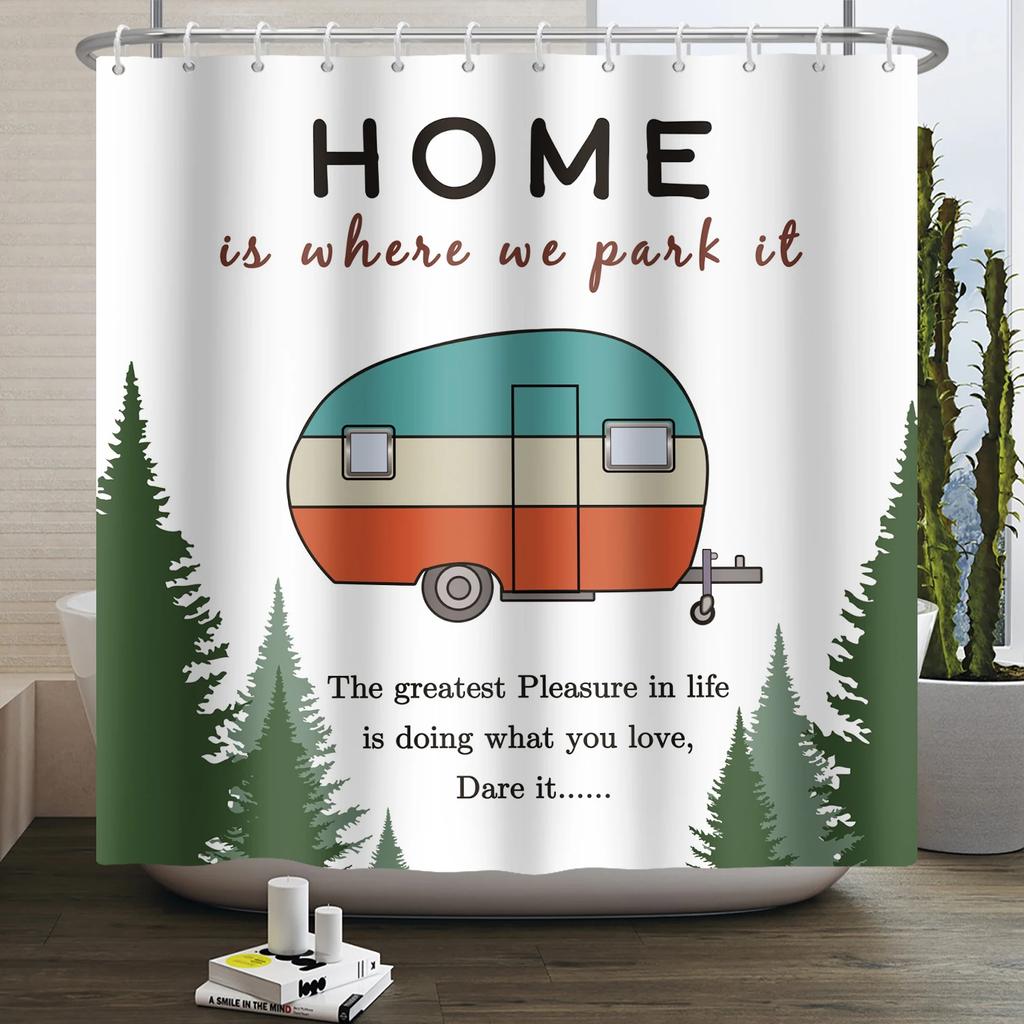 Camper Shower Curtain Happy Camper Trailer Car Rv Forest Mountain Tent Camping Bathroom Shower Curtain Waterproof Bath Curtain