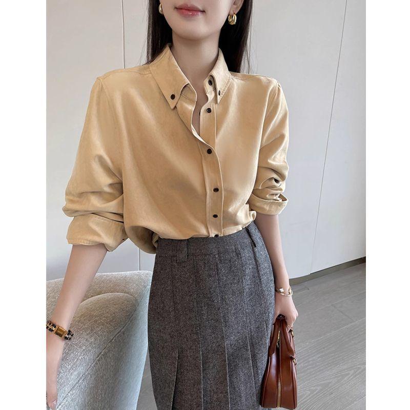 Spring Fashion Blue Polo Collar Blouse Women Loose Fit Long Sleeve Shirt Casual Office