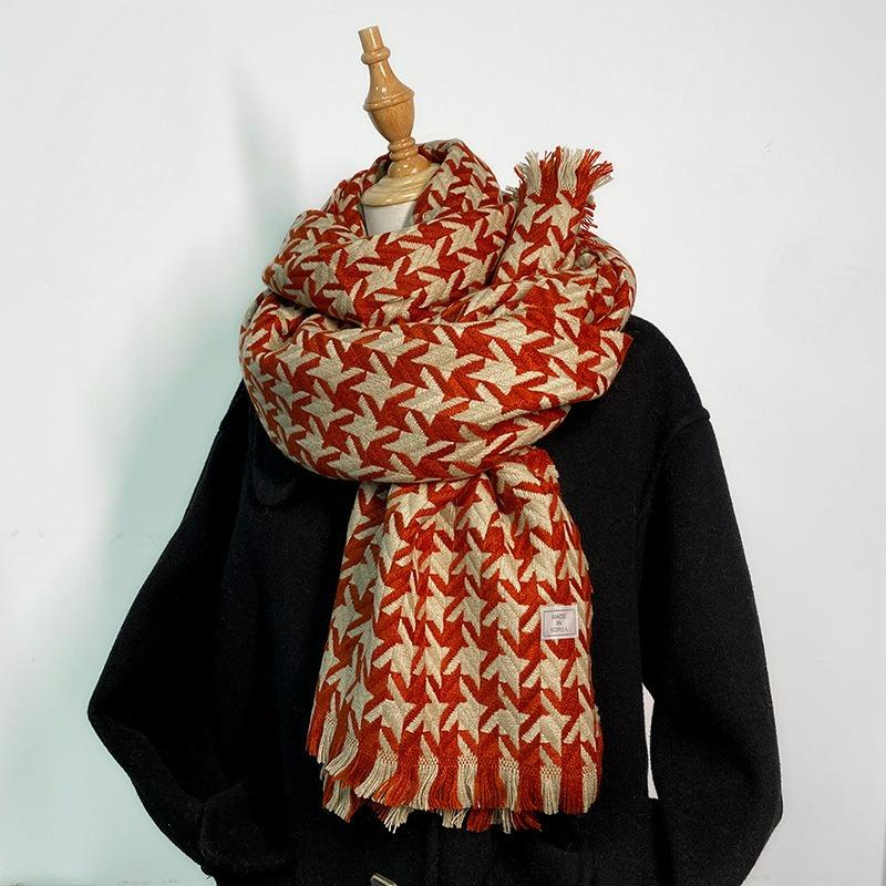 Retro Houndstooth Scarf Women's Autumn and Winter All-match Knitted Warm Couple Scarf Thick