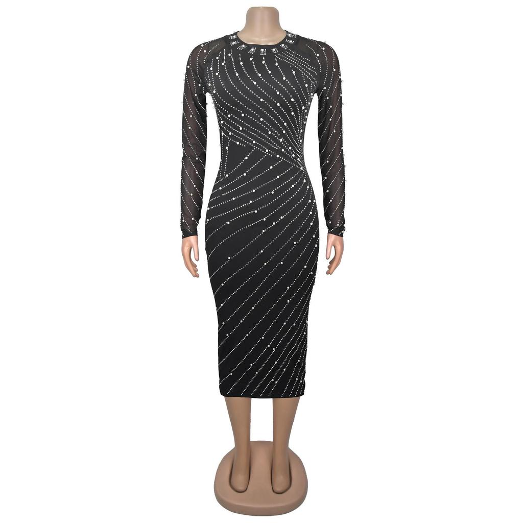 Women's Slim Fit Rhinestone Long Sleeve Dress - New Fashion Style