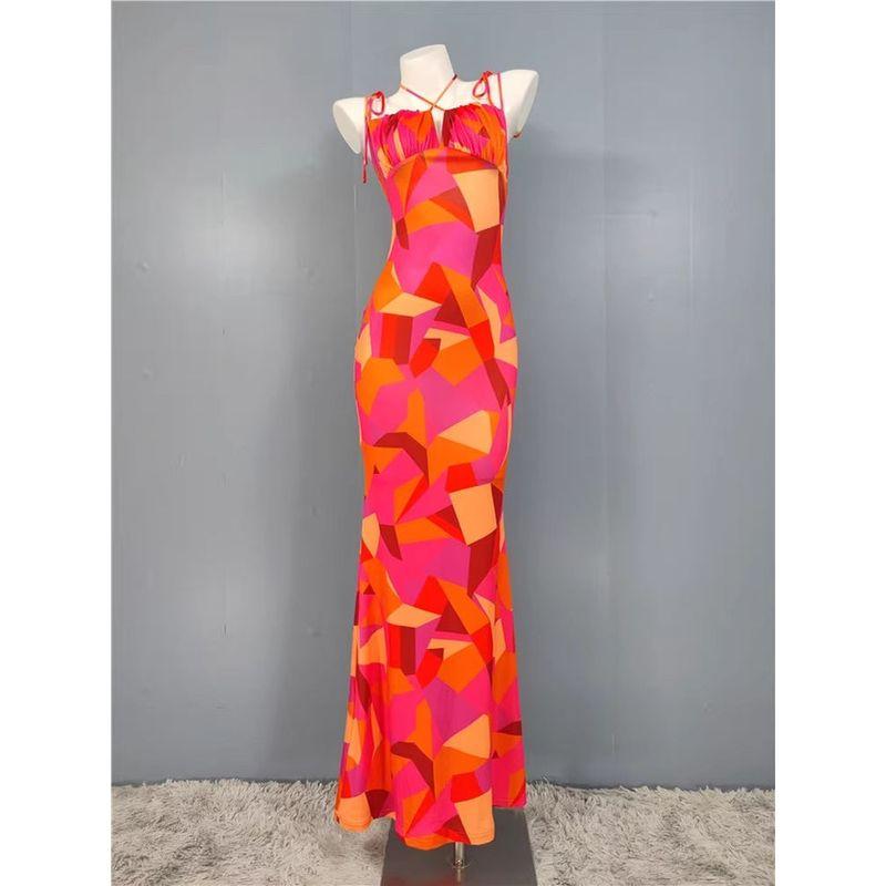 Export Pure Desire Exquisite Print Spaghetti Straps Slimming Adult Lady Like Woman Fishtail Stylish Fashion Sexy Banquet Tied Dress