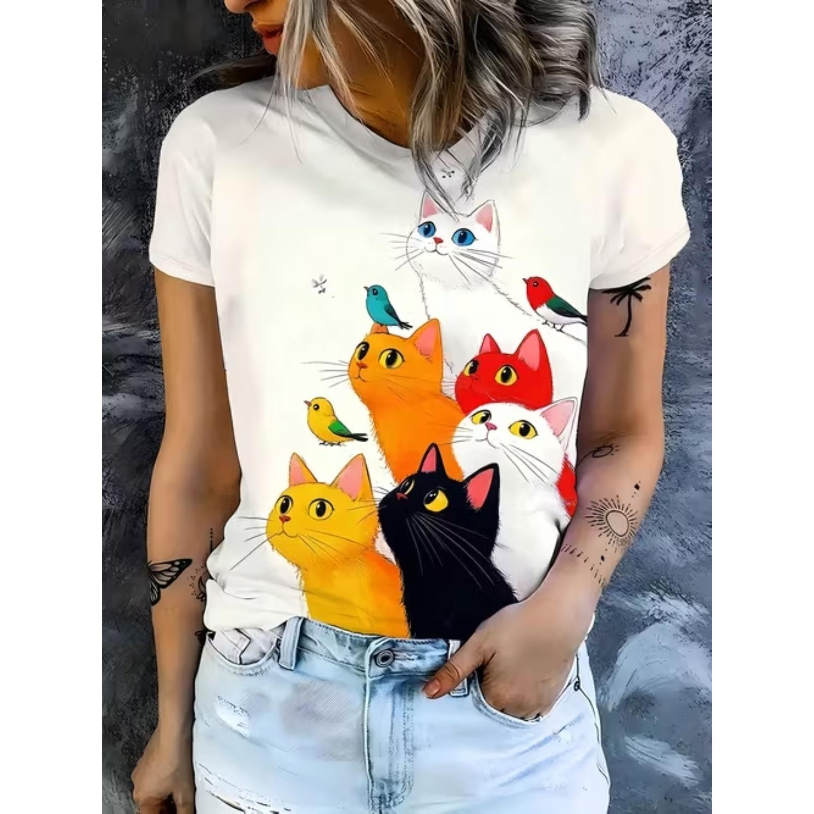 

Fashion Women Kitten and Puppy Print T Shirt Funny Casual O-neck Short Sleeves T-shirt Summer Female Tee Shirt XS белый