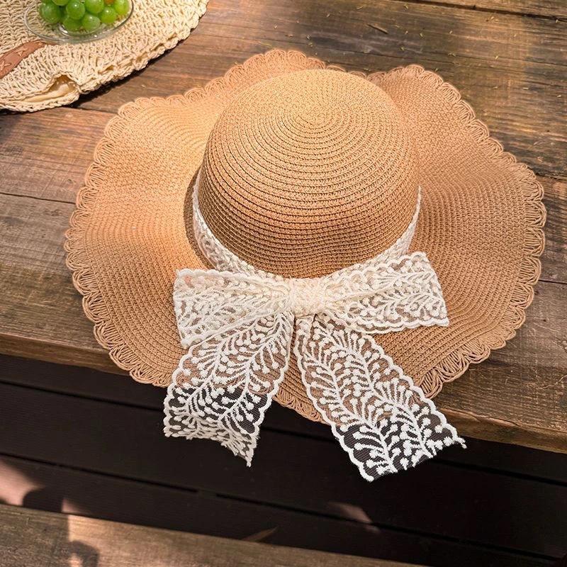 Women's Summer Outdoor Large Brim Sun Protection Fashionable Seaside Beach Sunshade Lace Straw Hat