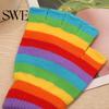 Winter Gloves 1 Pair Students Half Finger Knitted Colorful Rainbow Stripe Stretchy Comfortable Girls Keep Warm Super Soft Autumn Women Writing Gaming