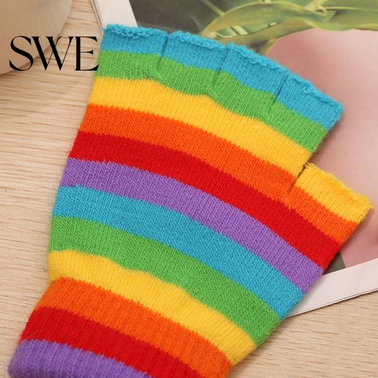 Winter Gloves 1 Pair Students Half Finger Knitted Colorful Rainbow Stripe Stretchy Comfortable Girls Keep Warm Super Soft Autumn Women Writing Gaming
