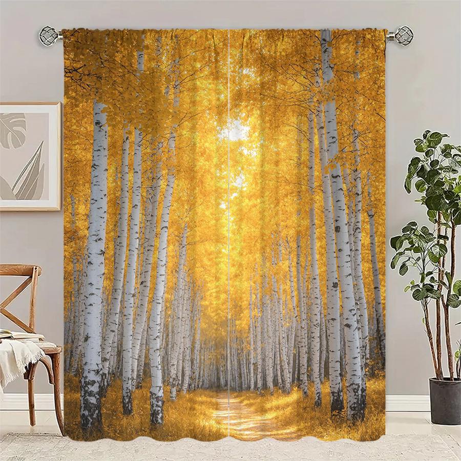 Birch Forest Landscape Printed Curtains Pole Bag Christmas Decorations Home Room Curtain Made Of Polyester