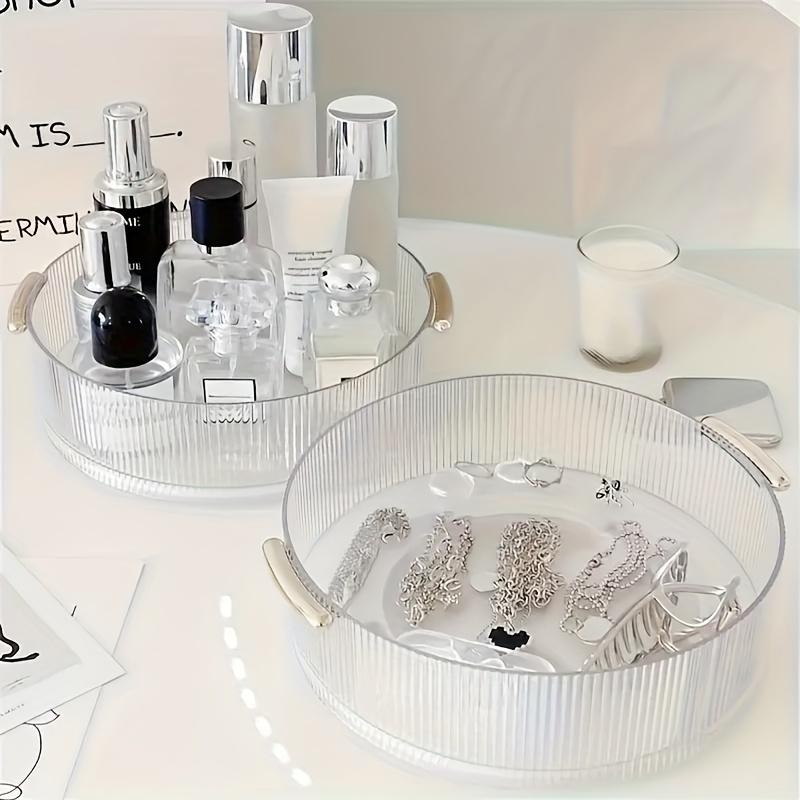 Transparent Plastic Cosmetic Storage Tray | 360° Rotating Countertop Organizer with Handle, Suitable for Perfume, Lipstick, Necklace, Jewelry