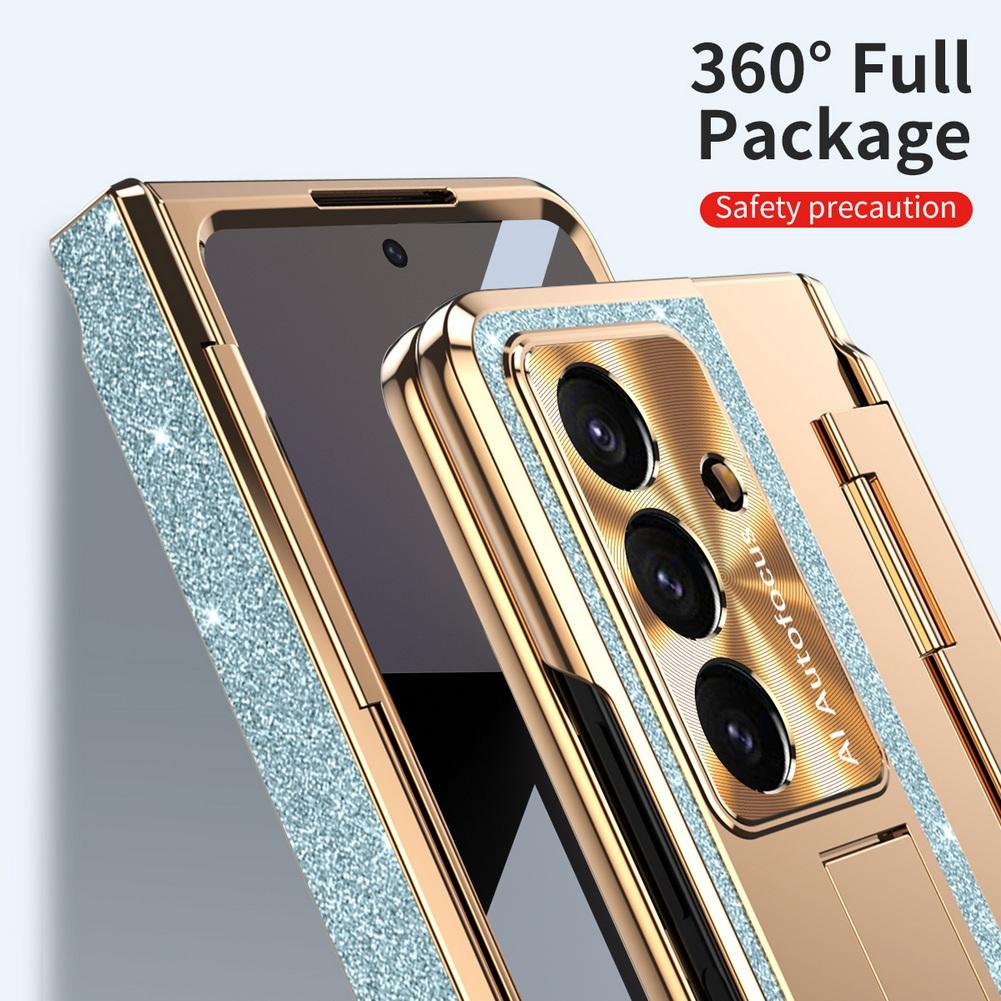 Shiny Rhinestone Bling Plated Bezel Hinged Glass Protective Film Case For Samsung Z Fold 7 Fold7 Galaxy Z Fold 6 5 4 Slim Cover