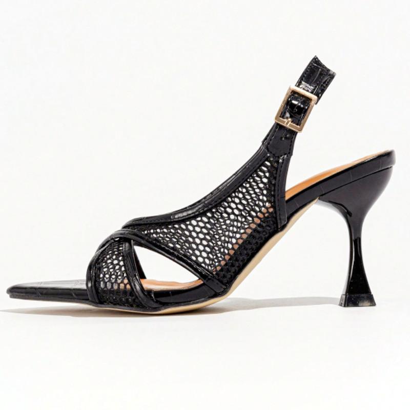 Fashion Mesh Pointed Toe Thin High Heel Women Sandals Fashion Patent Leather buckle strap Large Size Women Shoes Sexy Banquet Party Shoe