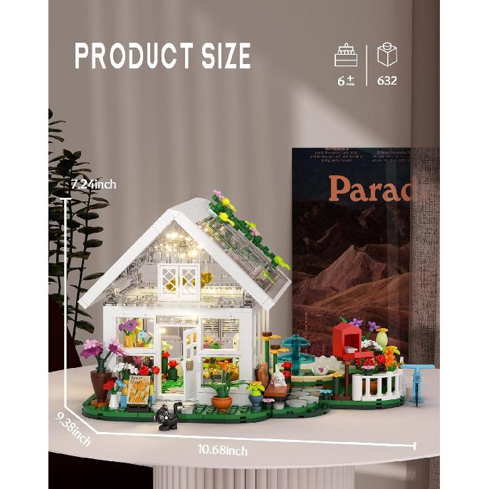 Flower House with LED Light Building Set, Flowerhouse Fountain Countyard Buiding Set with Flowers Potted & Cat Playset, Greenhouse Model Xmas for
