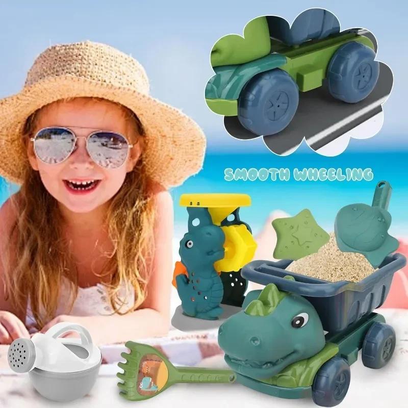 Beach Toy Car & Shovel Set -Dinosaur Themed Sand Toys with Hourglass Dredger Fun Beach Activity Kit for Ages 3-8 Kids Sand Scoop