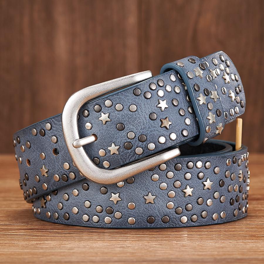 

New Fashion Women s Rivet Belts Punk Rock Style Male Belt for Lady PU Leather Sequins Metal Buckle Wide Metal Star Rivet Bead 95cm синий