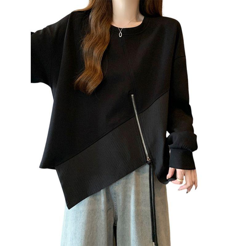 Women's Clothing Irregular Design Long-Sleeve Zipper Sweatshirt Female Spring & Fall Fat Sister Slim Looking Belly Covering Easiest for Match Tops