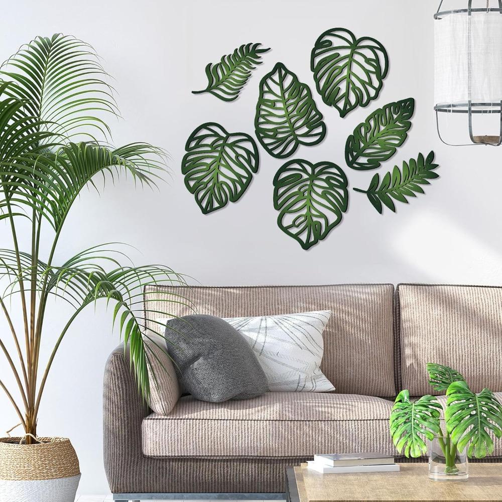 7pcs DIY Wooden Palm Leaves Wall Art Vintage Green Leaf Plant Decor Hanging Accents for Home Bathroom Office